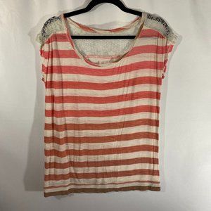 Orange and Cream Stripe Short Sleeved Top w/ Lace